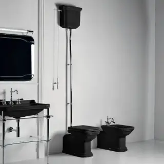 Kerasan Waldorf Унитаз  пристенный удлиненный, с высоким бачком- уст-ка на расстоянии 2см от стены и трубой, цвет: черный/хром