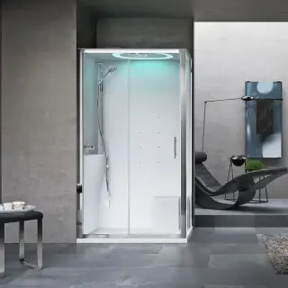 Novellini Eon Душевая кабина 120х80х221см, Sx, термостатический смеситель, гидромассаж, верхний душ, LED подсветка, стекло, цвет: хром/белый глянец