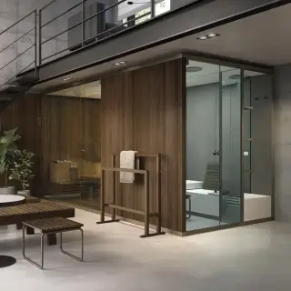 Effegibi BodyLove SH Side Сауна&Хаммам 365x202x220см, угловая DX, цвет: термообработанная древесина/трубчатое стекло