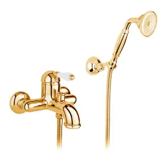 Nicolazzi P.m. Blanc Смеситель для ванны однорычажный, настенный, с ручным душем, ручки белая керамика, цвет: золото