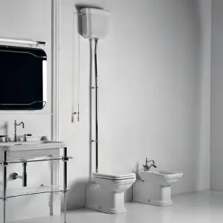 Kerasan Waldorf Унитаз  пристенный удлиненный, с высоким бачком- уст-ка на расстоянии 2см от стены и трубой, цвет: белый/хром