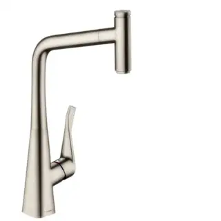 Hansgrohe Metris Select M71 Смеситель для кухни, на 1 отв, поворотный излив: 23.5см с вытяжным душем, 1jet, h: 33.3см, sBox, кнопка вкл/выкл, цвет: нержавейка
