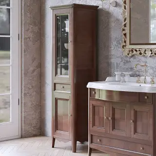 TW Veronica Nuovo колонна напольная с 2-мя дверцами, 1-м выдвижным ящиком, 3-мя стеклянными полками, доводчиками Blum, ручки бронза, SX - петли слева, Цвет: noce