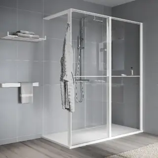 Novellini Kuadra HWL Душевое ограждение 174-177х200cм., с свободным входом, Dx, с 2 полками, стекло прозрачное, цвет: белый матовый