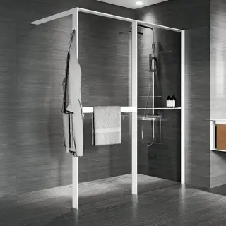 Novellini Kuadra HWZ2 Душевое ограждение 174-177х200cм., с свободным входом, Dx, с полотенцедержателем и полкой, стекло прозрачое, цвет:  белый матовый