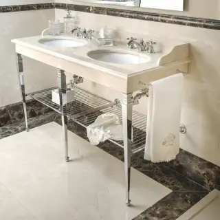 3SC Consolle Консоль Regale Double 163х60хh77см, напольная, с 2 раковинами, сифонами, полочкой и полотенцедердателями, цвет: хром