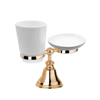 TW Harmony 141, настольный держатель с мыльницей и стаканом, керамика (бел), цвет: золото