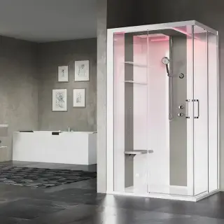 Novellini Skill A Душевая кабина 120х90х217.5cмм., Sx, Essential, поддон 12.5см., с термостатическим смесителем, стекло, цвет: белый глянц/Light grey