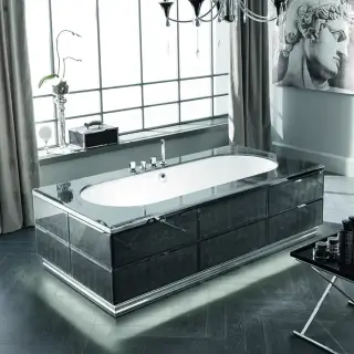 VITAGE milldue edition Ванна 180х75см, стальная, подача воды из водослива, в комплекте с сифоном, основанием стеклянным топом, отдельностоящая, цвет: белый/Alligator silver