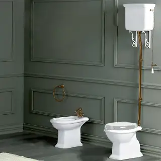 SIMAS Lante Унитаз напольный, выпуск в стену, 38,5х58см, с высоким бачком, с фурнитурой, цвет: белый/бронза