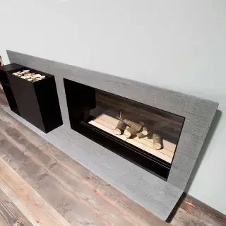 Antonio Lupi Piano Fuoco Камин дровяной 212.4/75.8х32х69.2cм., встраиваемый в стену, дверца выдвижная из керамического стекла, рама из камня Basalto