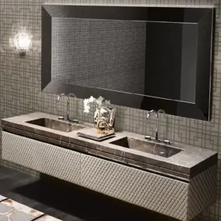 VITAGE milldue edition FOUR SEASONS Комплект мебели с базой, интегрированными раковинами PLANS, зеркалом YORK, 216см, подвесной, Цвет: мрамор bronzo amani-B58/ экокожа visione-223/ черный хром