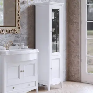 TW Veronica Nuovo колонна напольная с 2-мя дверцами, 3-мя стеклянными полками, доводчиками Blum, ручки бронза, DX - петли справа, Цвет: bianc