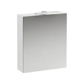 Laufen Base шкаф зеркальный 600x185x700 мм, 1 дверца, петли справа, с гориз.элементом LED-подсв., 2 стекл. полки, 1 розетка, цвет: белый матовый