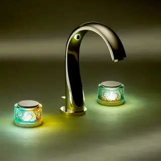 THG Island Смеситель для раковины на 3 отверстия, ручки с подсветкой, с донным клапаном, цвет: Soft gold