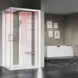 Novellini Skill A Душевая кабина 120х80х217.5cмм., Dx, Essential, поддон 12.5см., с термостатическим смесителем, стекло, цвет: белый глянц/Light grey