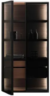 Пенал с подсветкой, 2 дверцами, стеклянными полками и 2 внутренними ящиками 80*35*150h Burned wallnut-N6/Alluminio nero opaco/smoke grey glass