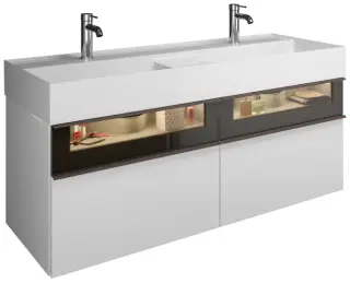 Комплект мебели с раковиной BURGBAD YUMO SFMY132 F3193 K0161 фронт белый глянец F3193, каркас белый глянец K0161, вставка из стекла, ручки G0179