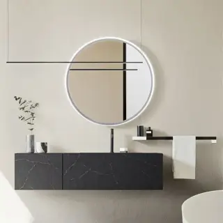 Комплект мебели с раковиной Arbi LUXOR LE36+B833+F507+V325 фронт-QUARZO RESINA MILLERIGHE CHARCOAL-LX8,корп.-GRIGIO BROMO OPACO-900CW,рама-NERO SPAZZOLATO,топ MARMO TECNICO CHARCOAL LISCIO