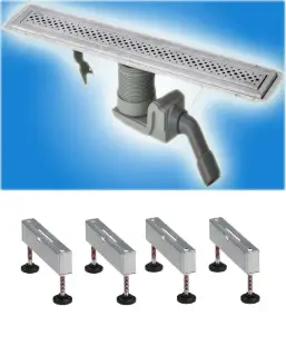 Комплект: душевой лоток Visign с дизайн-решеткой ER1,(X1),от 0.5-0.7 л/с, с гидрозатвором и съемным грязеуловителем+опора душ.лотка 100см, нерж.сталь