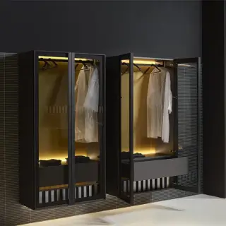 Шкаф в ванную комнату Antonio Lupi BEMADE DC31990+BARRALED.81 корпус skin cenere/рама nero opaco/стекло transperente fume/задн.панель coccodrilo lucido