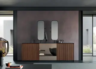 Комплект мебели с раковиной Rexa BMDL2AFGD1*2+BMDN2AFGD1+TFXL005301+TLRT4830F1*2+BMDFB00GD2.DX+BMDFB00GD2.SX+ACIB02F0D1+AILB00F001+AZCB00R001 RIBBED NOCE CANNETTATO-O13/MIRROR BRONZO/FENIX NERO INGO-FX01