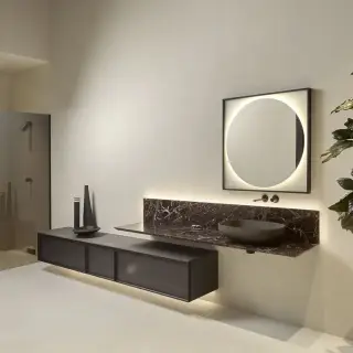 Комплект мебели с раковиной Antonio Lupi BEMADE DIBM2108.2.5+LED_IN+DF1.DX+DIBM254.2.5+LED_IN+DIBM2108.2.5+LED_IN+DF1.SX+ITM21.270+AGO60+SHELF+BARRALED.261+SRC40108*2+SRC4054+SRI4054+SRV4022*2+SLIM40.54 BASALTO SETA/рама-NERO OPACO/стекло-ACIDATO FUME/мрамор ROSSO LEVANTO/раковина COLORMOOD BASALTO