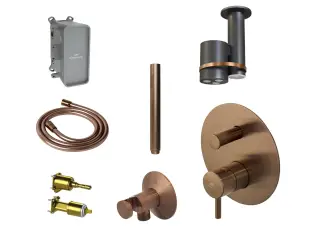 NOKEN PACK EYE Душевой комплект со смесителем, потолочной лейкой с хромотерапией, браш. медь