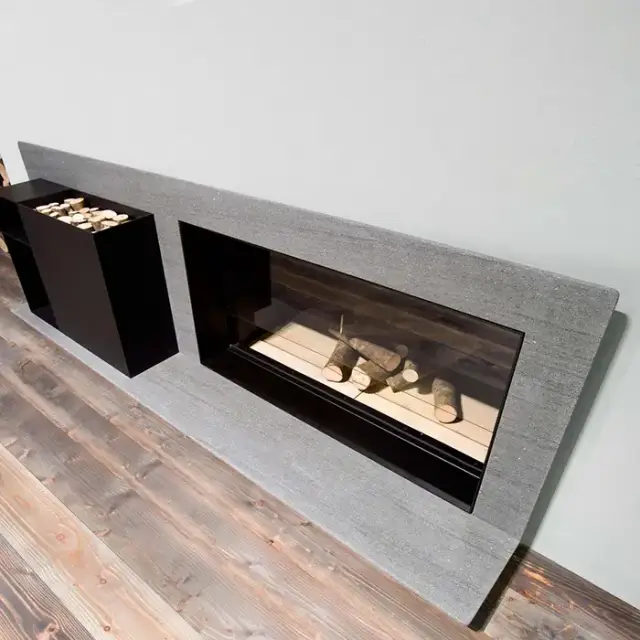 Antonio Lupi Piano Fuoco Камин дровяной 212.4/75.8х32х69.2cм., встраиваемый в стену, дверца выдвижная из керамического стекла, рама из камня Basalto