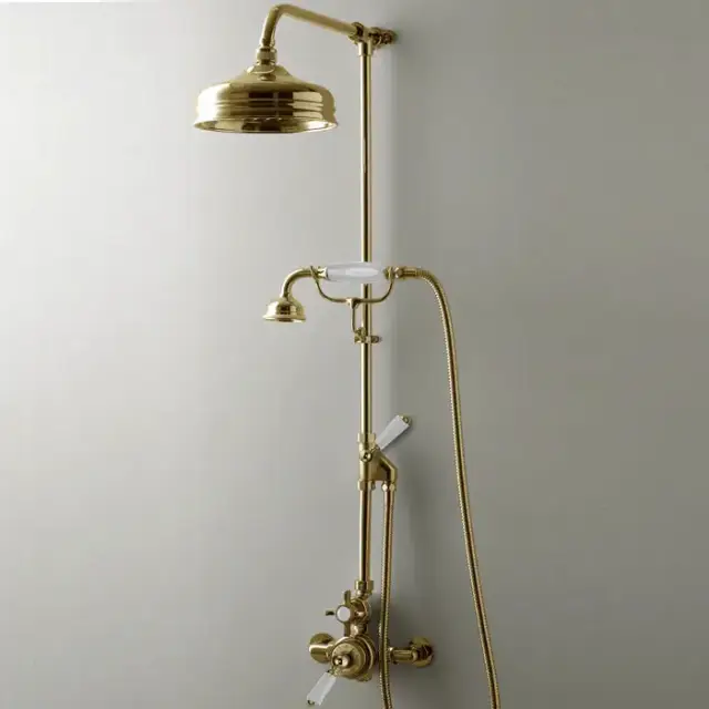 Devon&Devon Душевая стойка, с термостатическим смесителем, верхним душем 20см., и ручным душем, цвет: белый/светлое золото