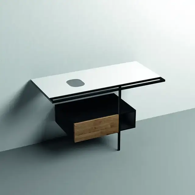 Kerasan Thelma Металлическая структура для раковины 120х74см, напольная, с полкой, ящиком, с 1 отв., с полотенцедержателем, цвет: белый матовый/черный матовый