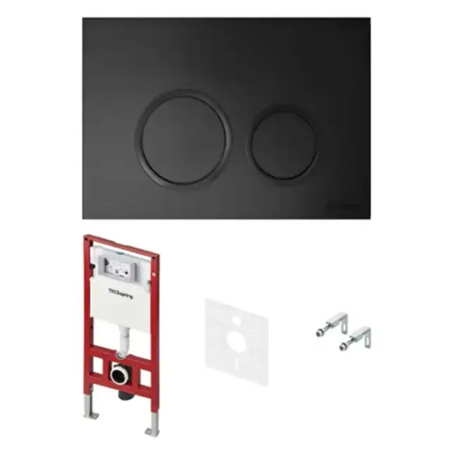 TECEspring комплект 4 в 1 Застенный модуль, панель смыва с круглыми кнопками, черный матовый/ободок черный мат