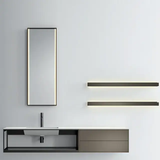 NOORTH milldue edition FJORD Комплект мебели 181.2см в матовом лаке, металле, стекле, с интегрированной раковиной из milltek solid, 2-мя полками с подсветкой, зеркалом с подсветкой подвесной, Цвет: castoro-11/bazalto-338/fumo