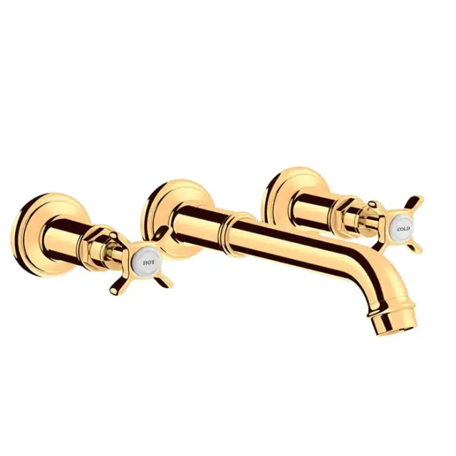 Axor Montreux Смеситель для раковины, настенный, на 3 отв., излив 165-225мм, с незапираемым сливным набором, внешняя часть, цвет: полированное золото