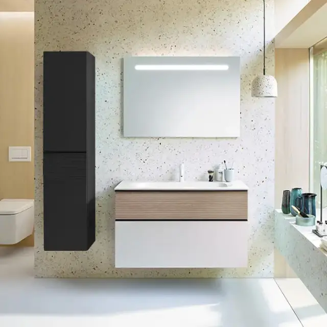 Burgbad Fiumo Комплект подвесной мебели 102х49х61см, с раковиной на 1 отв., ручки черные матовые, цвет: Eiche Dekor Cashmere / белый матовый