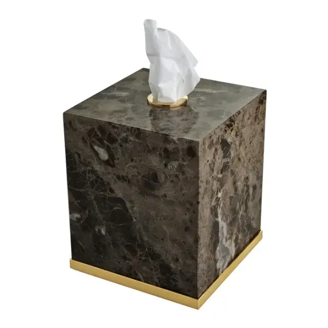3SC Palace Marmo Контейнер для бумажных салфеток, 13х13х15 см, квадратный, настольный, цвет: мрамор Emperador dark/золото 24к.