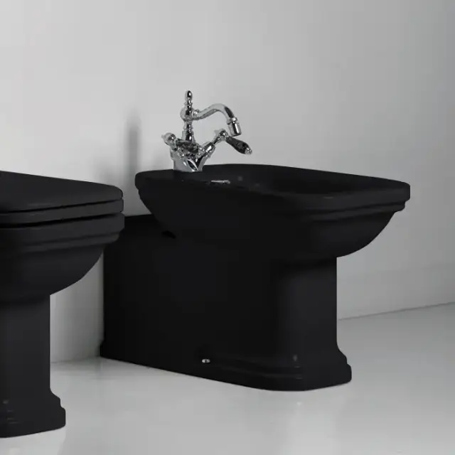 Kerasan Waldorf Биде напольное пристенное удлиненное &quot;Prolongato&quot; 65х37см с 1 отв. под смеситель, цвет: черный/хром