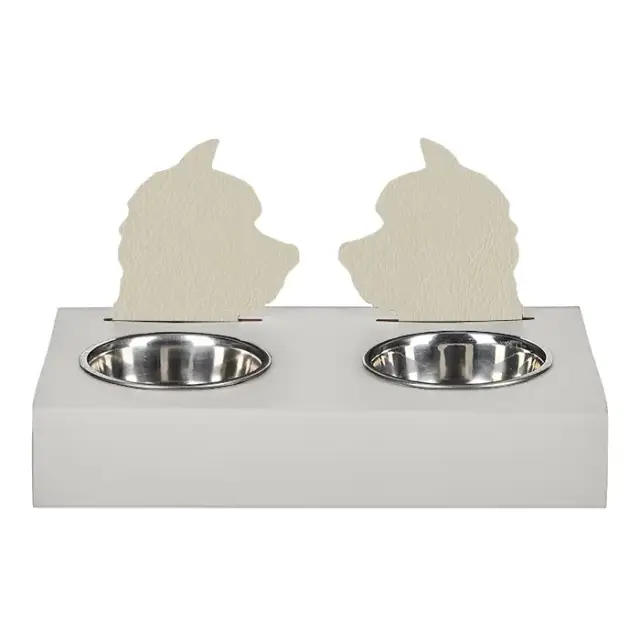 ADJ Подставка с мисками Dog, хром, 40x22xH7.5 см., цвет: белый/панна котта