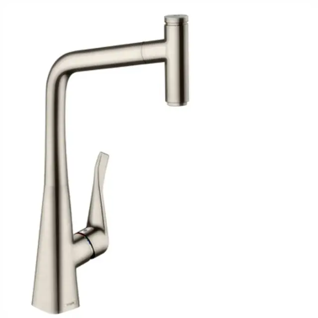 Hansgrohe Metris Select M71 Смеситель для кухни, на 1 отв, поворотный излив: 23.5см с вытяжным душем, 1jet, h: 33.3см, sBox, кнопка вкл/выкл, цвет: нержавейка