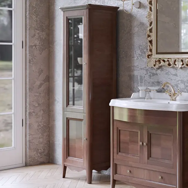 TW Veronica Nuovo колонна напольная с 2-мя дверцами, 3-мя стеклянными полками, доводчиками Blum, ручки бронза, SX - петли слева, Цвет: noce