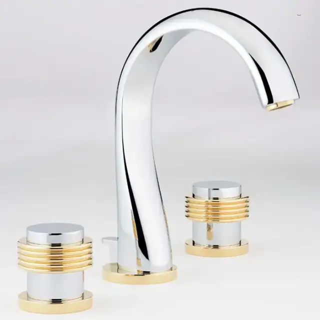 THG Diplomate grooved rings Смеситель для раковины на 3 отверстия, с донным клапаном, цвет: хром/золото