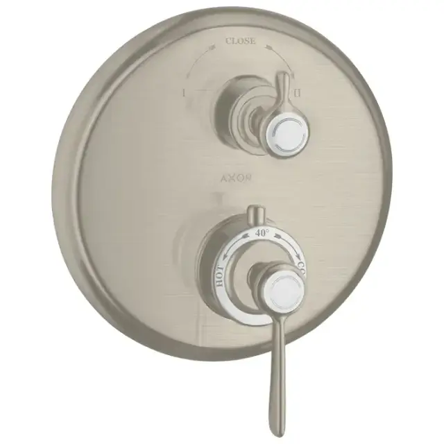Axor Montreux, Термостат с запорным/ переключающим вентилем, с рычаговой рукояткой, СМ, внешняя часть, цвет: никель шлифованный