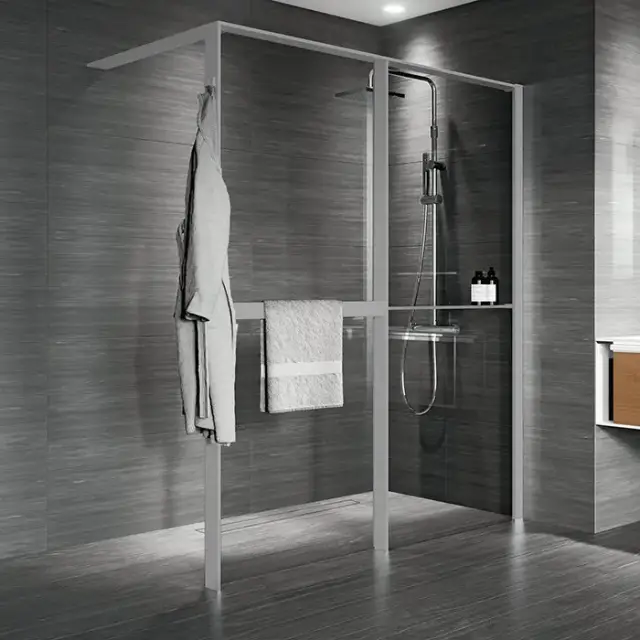 Novellini Kuadra HWZ2 Душевое ограждение 174-177х200cм., с свободным входом, Dx, с полотенцедержателем и полкой, стекло прозрачое, цвет: Silver