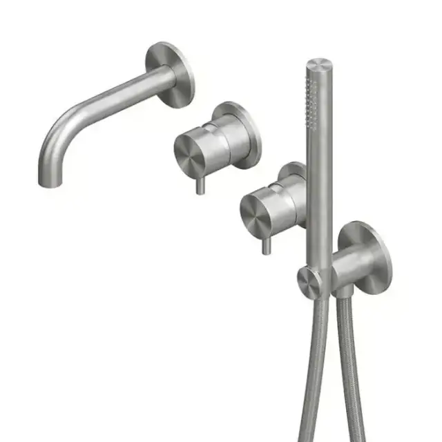 QuadroDesign Source Смеситель для ванны, встраиваемый,  на 2 потребителя с изливом и ручным душем, цвет: brushed stainless steel