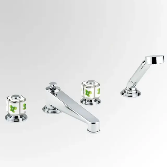 THG CAPUCINE VERT DECOR PLATINE Смеситель на борт ванны, на 4 отверстия, с ручным душем, декор платина/зеленый, цвет: хром