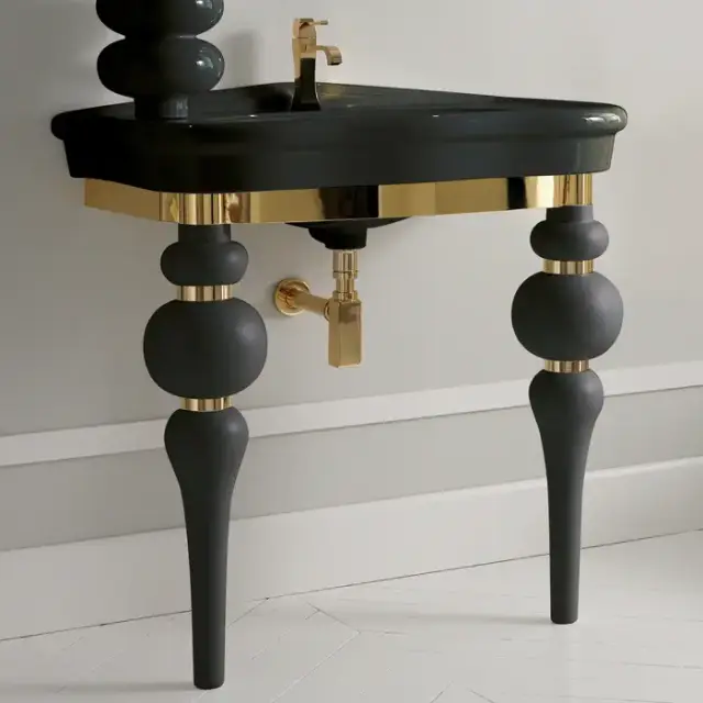 3SC Consolle Консоль Via Veneto 70х52хh96см, с раковиной LA11 и сифоном, напольная, цвет: черный матовый/золото 24к. Lucido