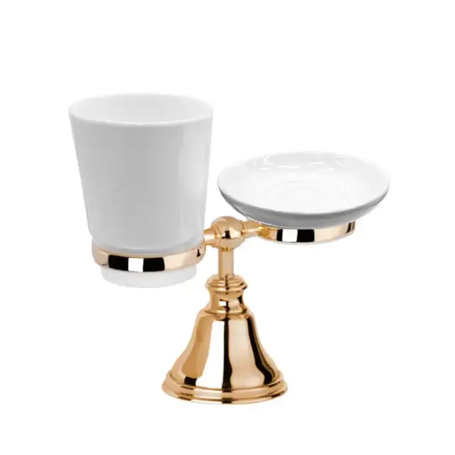 TW Harmony 141, настольный держатель с мыльницей и стаканом, керамика (бел), цвет: золото