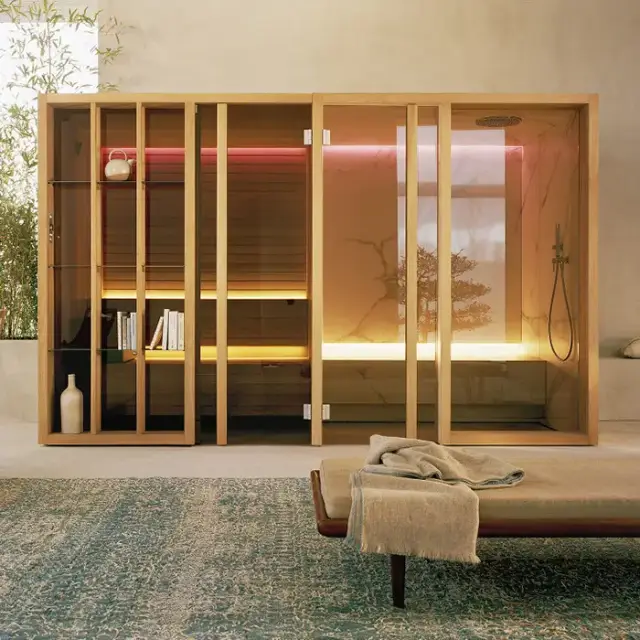 Effegibi Yoku SH Glass Сауна&Хаммам 342x170х214см, пристенная, цвет: чёрный орех/Calacatta Gold Extra