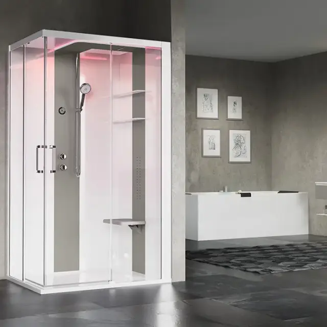 Novellini Skill A Душевая кабина 120х90х217.5cмм., Dx, Essential, поддон 12.5см., с термостатическим смесителем, стекло, цвет: белый глянц/Light grey