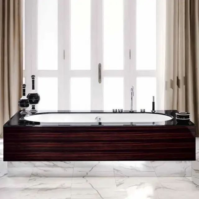 VITAGE milldue edition Ванна отдельностоящая 200х100см, стальная, с сифоном, топ стекло nero, цвет: белый / глянцевый шпон Ebano